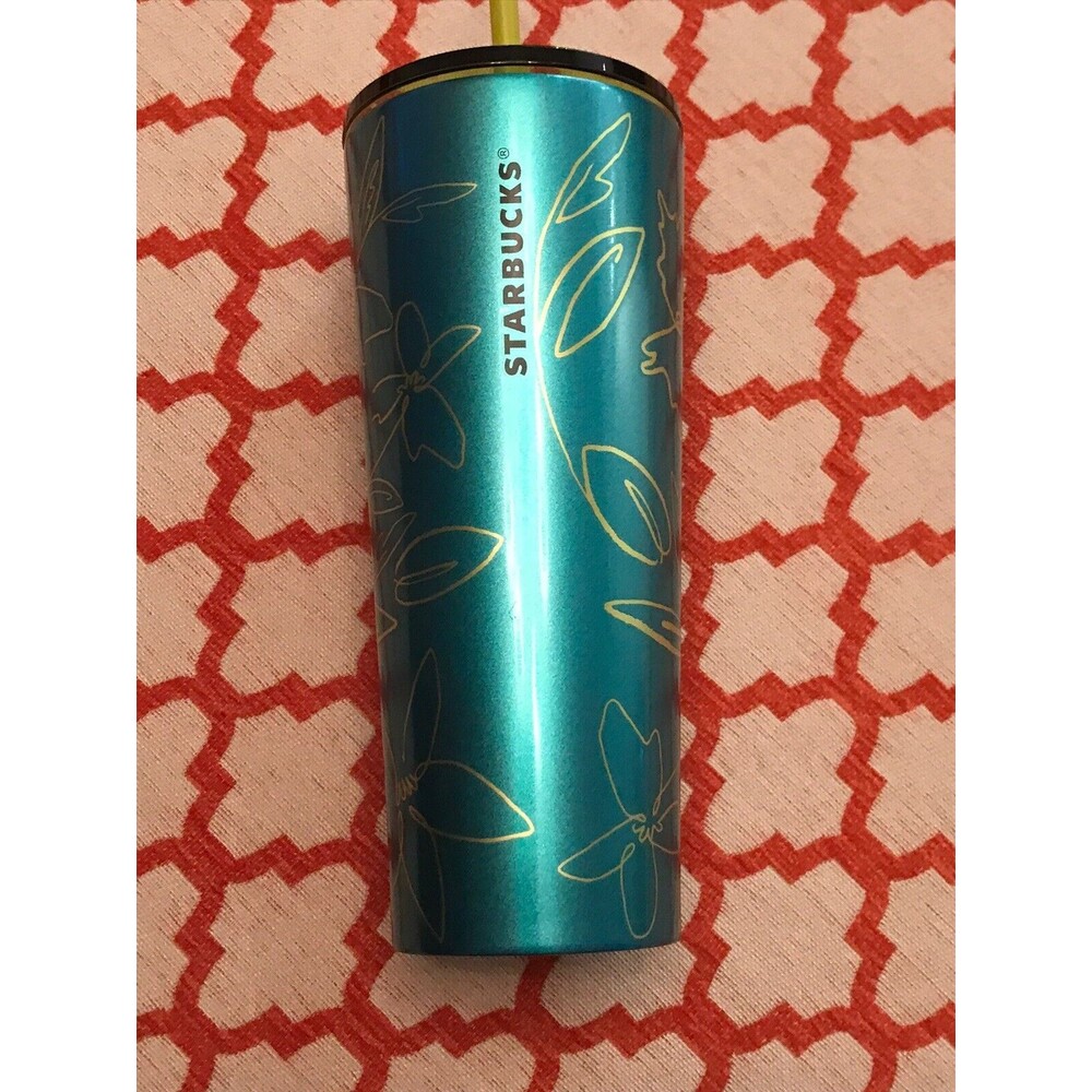 STARBUCKS 2022 SPRING TEAL FLORAL STAINLESS STEEL COLD CUP TUMBLER W/lid  24 OZ.